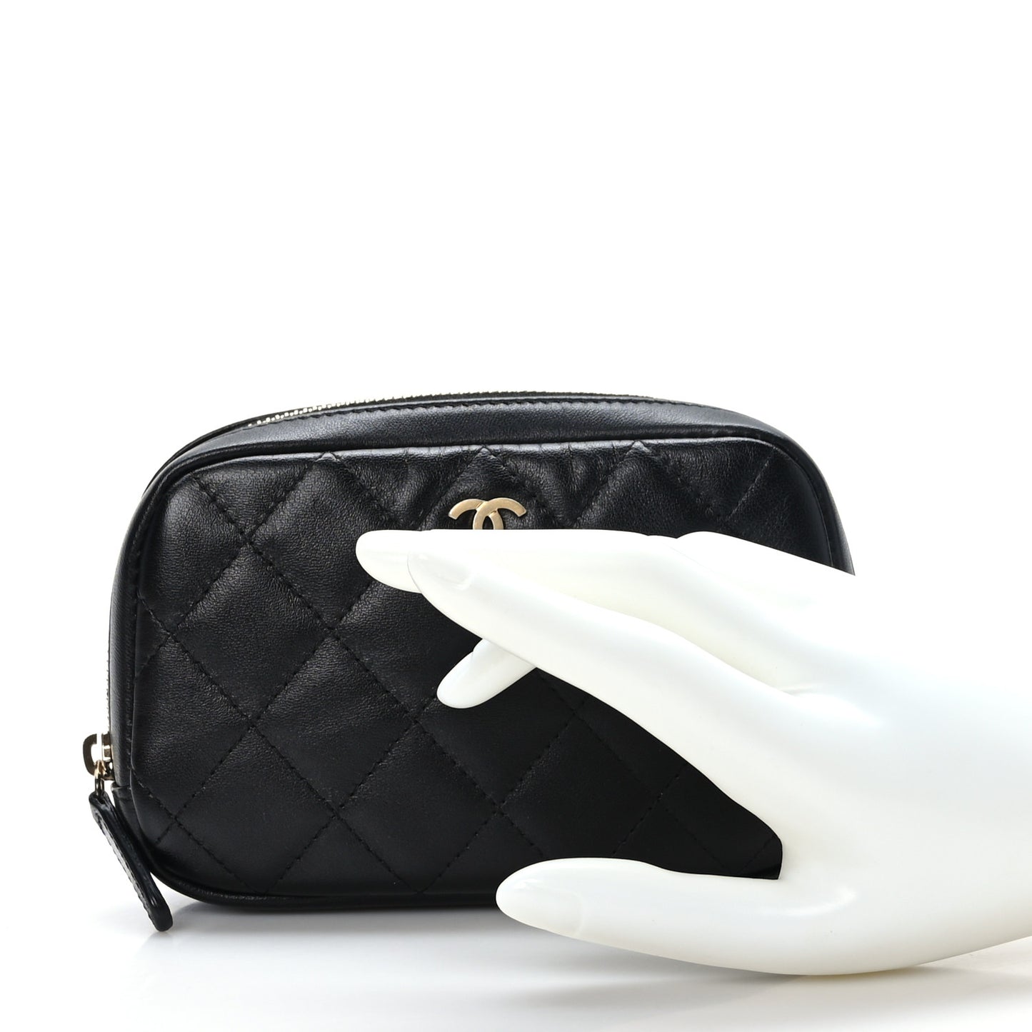 Lambskin Quilted Small Curvy Pouch Cosmetic Case Black