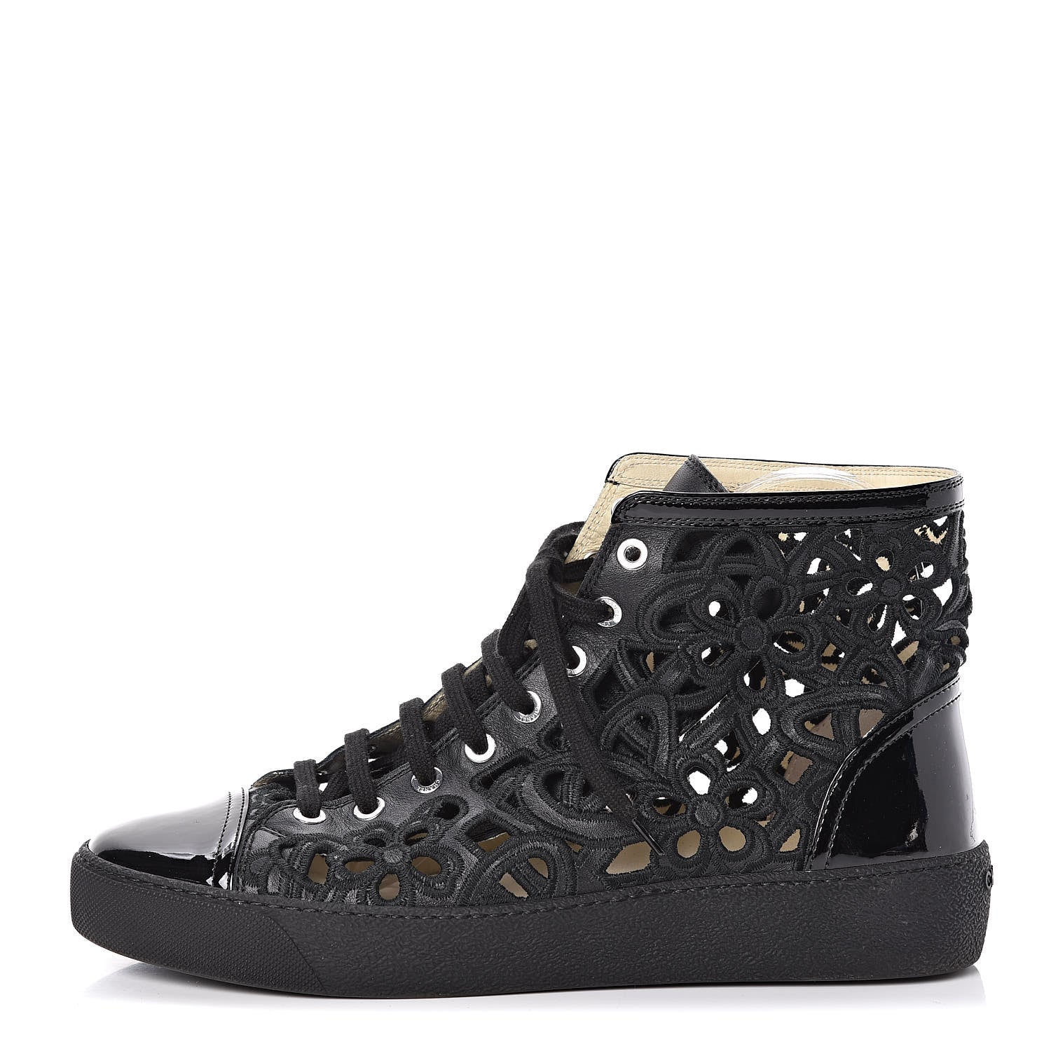 Chanel Patent Grained Goatskin Hollow Out Flower Sneakers 40.5 Black 1 of 7