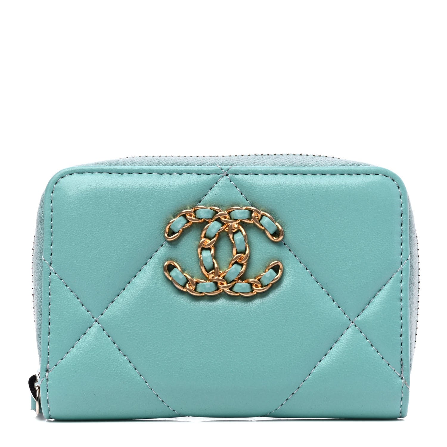 Chanel Lambskin Quilted Chanel 19 Zip Around Coin Purse Wallet Light Green 1 of 4