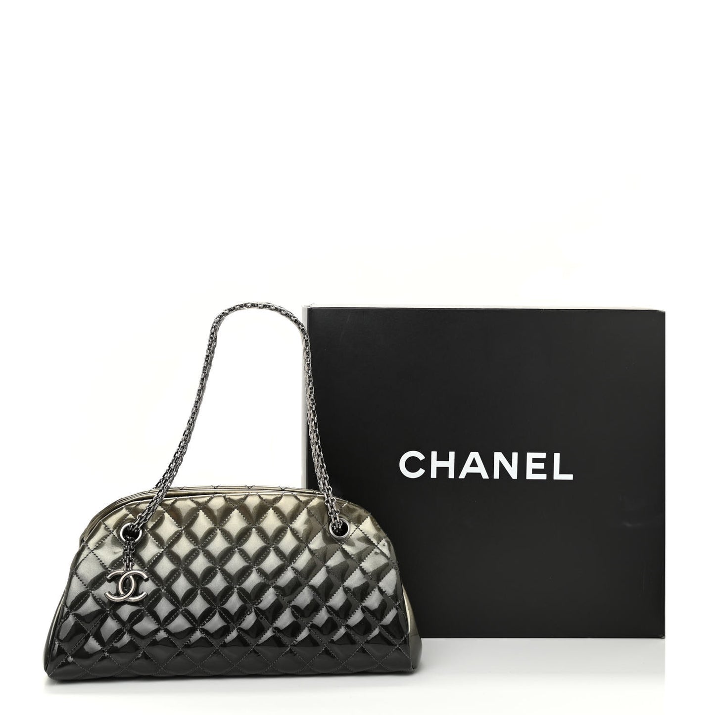 Metallic Patent Quilted Medium Just Mademoiselle Bowling Bag Silver Degrade