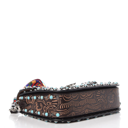 Valentino Garavani Calfskin Embossed Medium Guitar Strap Rockstud Rolling Flap Saddle Bag Brown 4 of 8