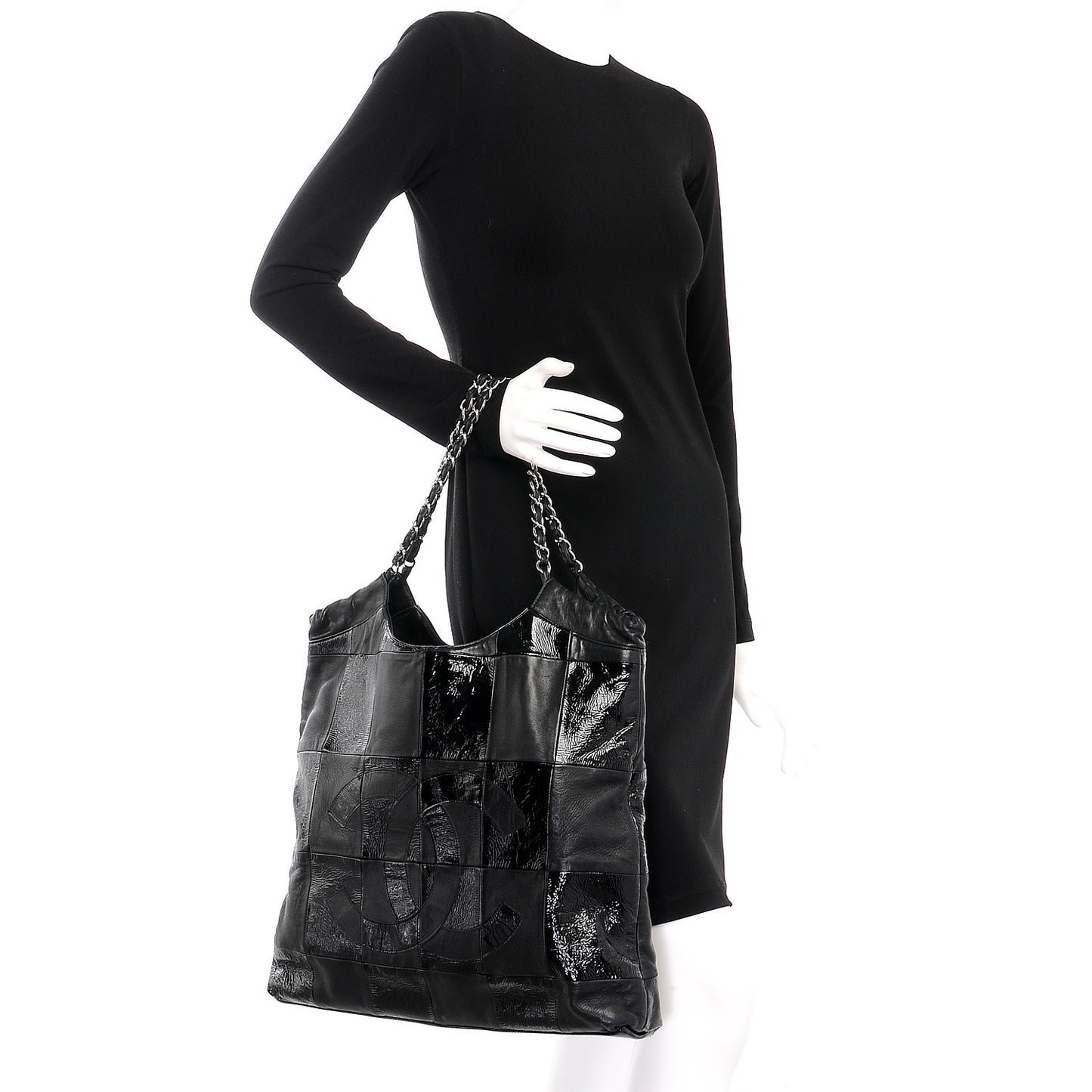 Patent Calfskin Patchwork Brooklyn Tote Black