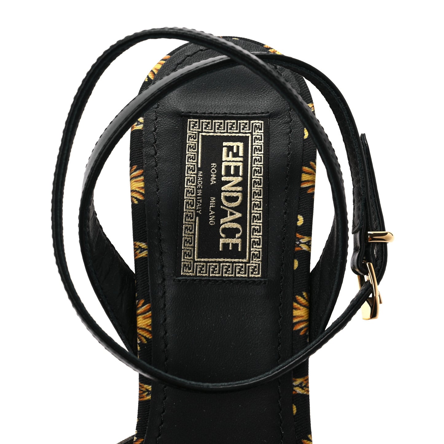 X VERSACE Silk Calfskin Fendace Fendi First 95mm Slingback Sandals 37 Tobacco Black Gold