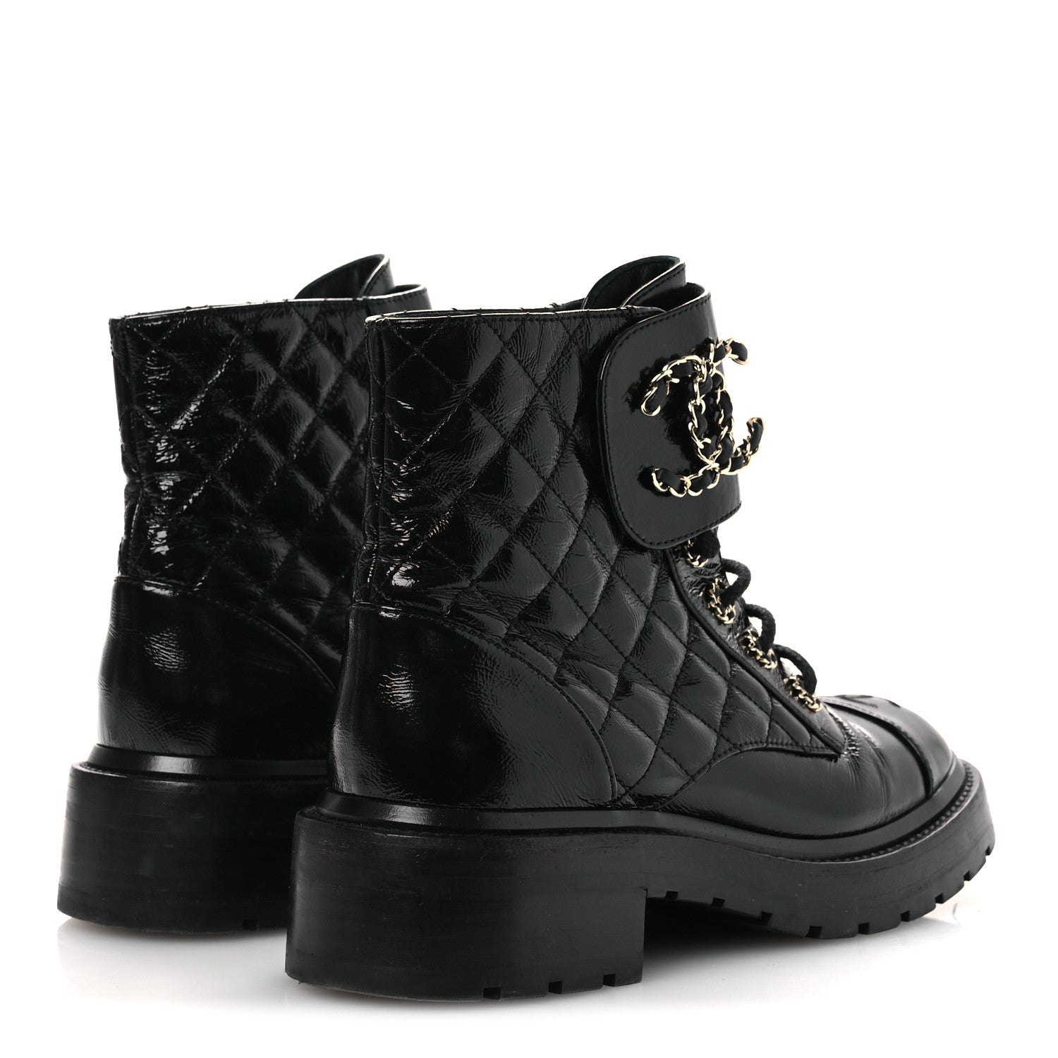 Chanel Shiny Calfskin Quilted Lace Up Combat Boots 37 Black 10 of 28