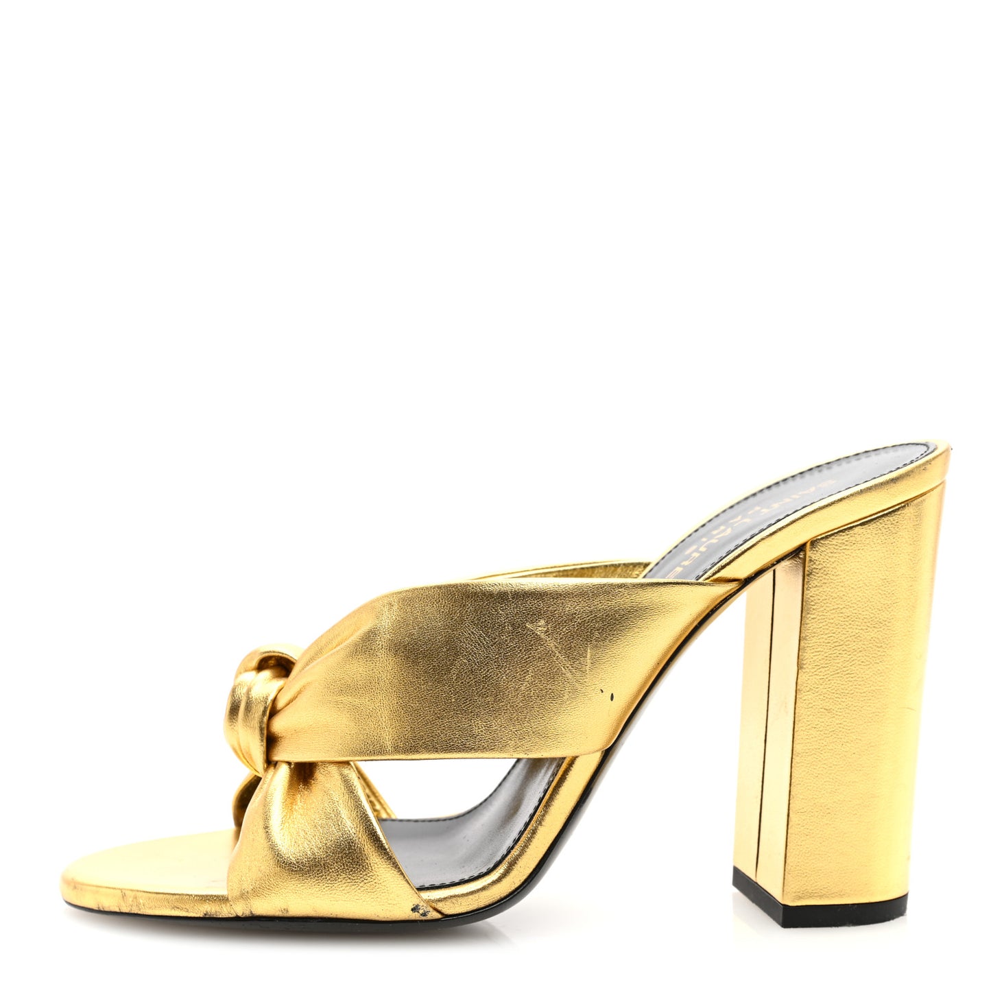 Metallic Calfskin Bianca Knotted Mule Sandals 38 Gold