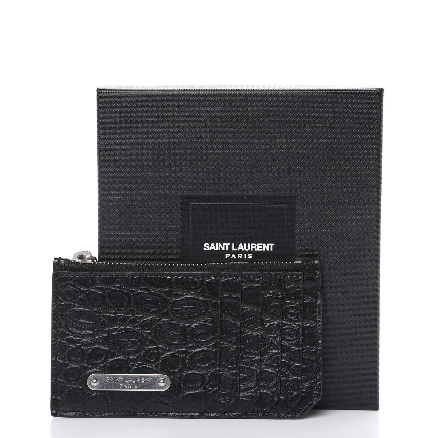 Calfskin Crocodile Embossed 5 Fragments Zip Pouch Card Holder Black