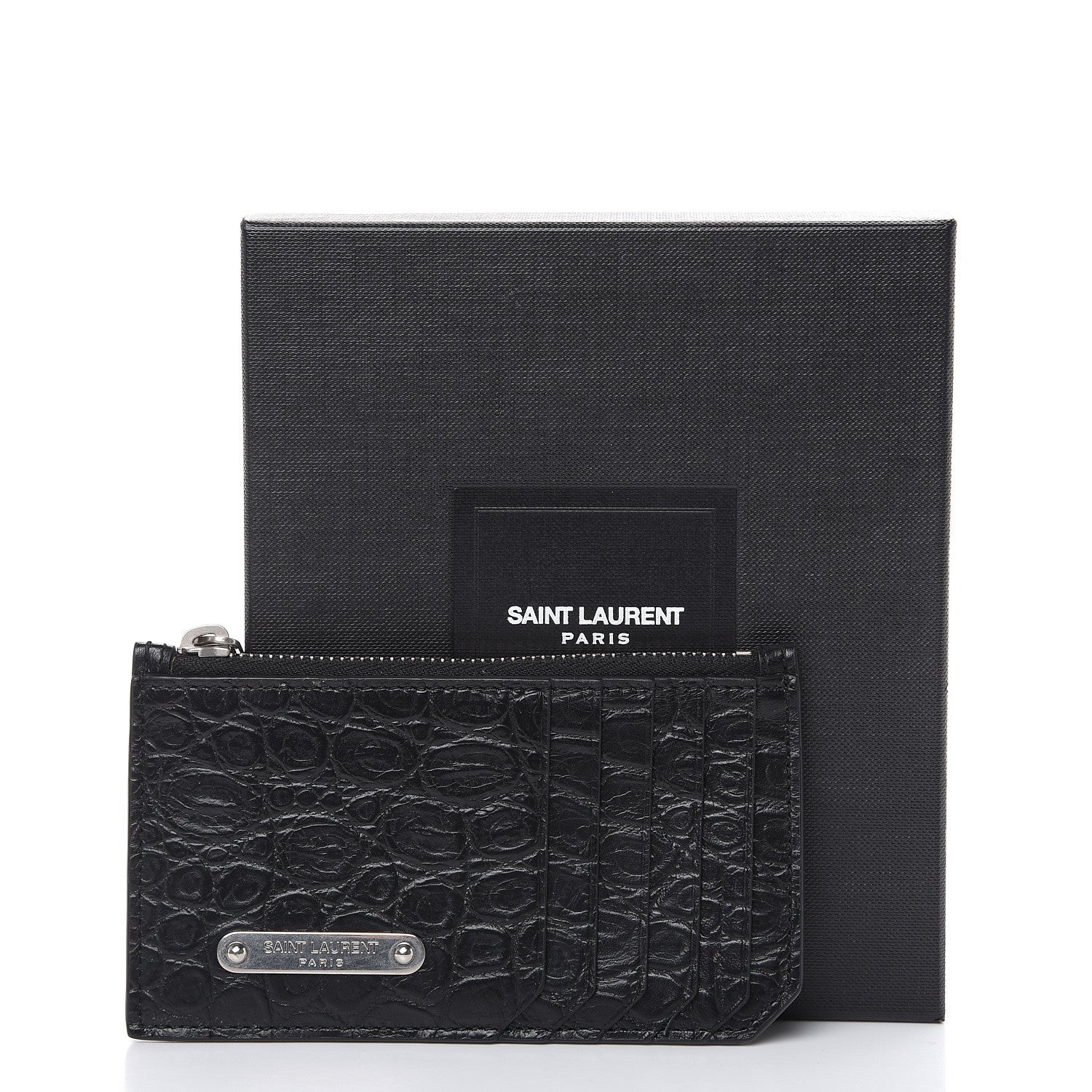 Saint Laurent Calfskin Crocodile Embossed 5 Fragments Zip Pouch Card Holder Black 7 of 7