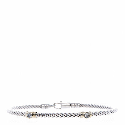 David Yurman Sterling Silver 18K Yellow Gold Diamond 3mm Cable Classics Two Station Bracelet 1 of 8