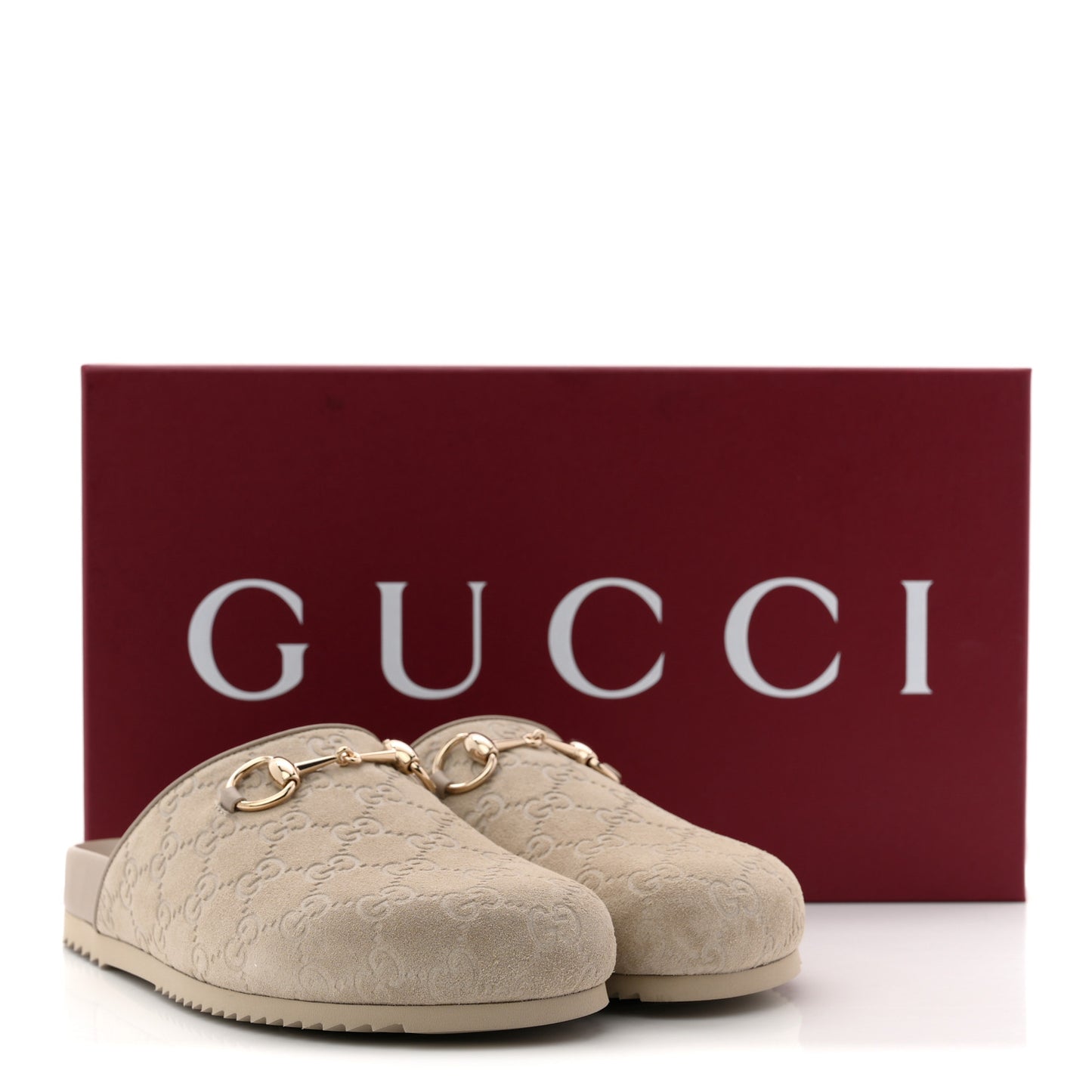 Suede GG Guccissima Womens Horsebit Mules 38.5 Beige