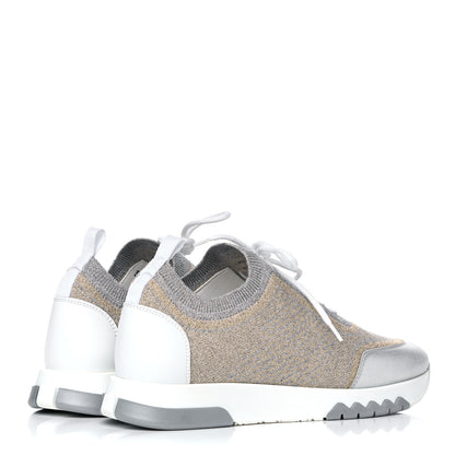 Hermes Metallic Technical Canvas Goatskin Bouncing Sneakers 37 White 4 of 9