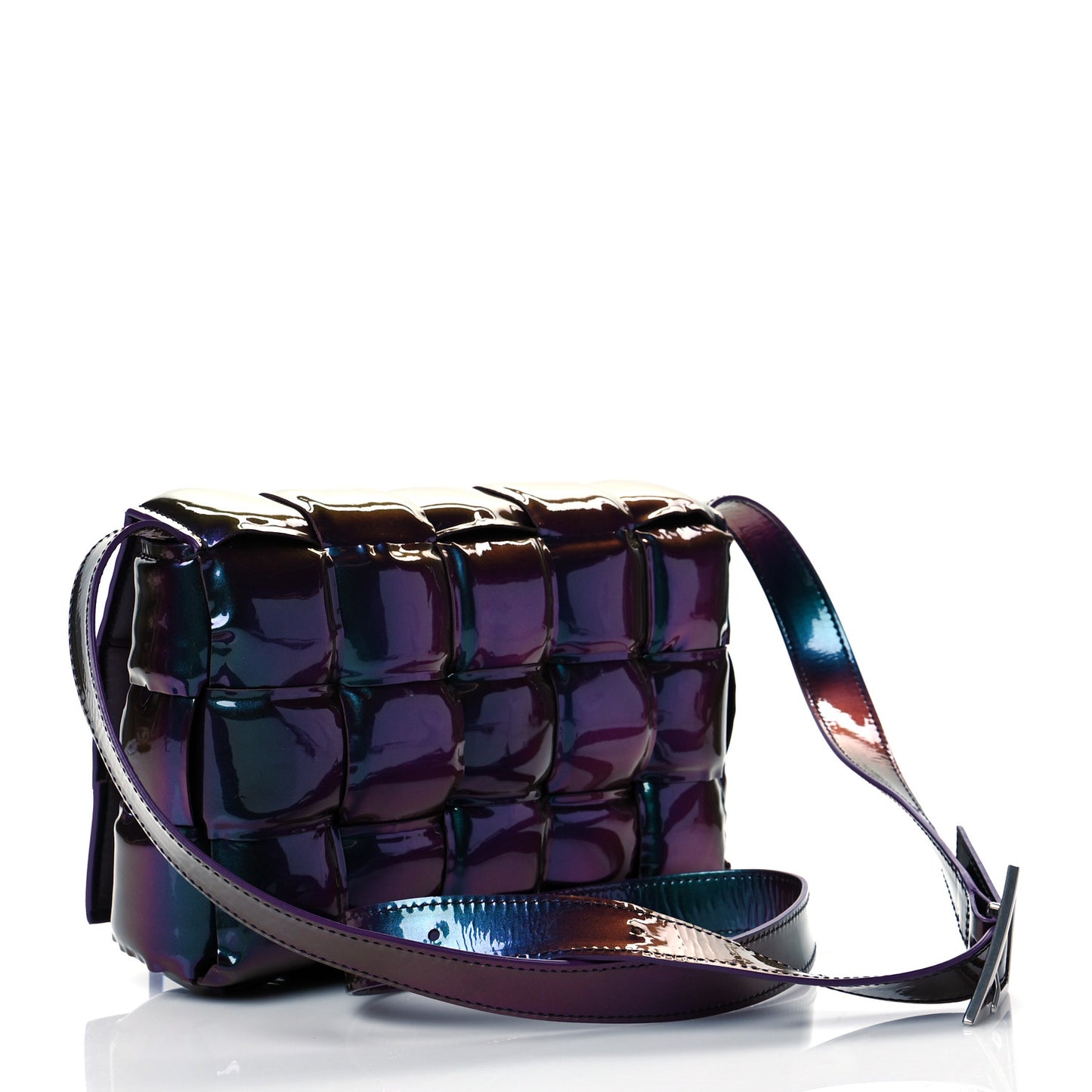 Glossy Nail Polish Nappa Maxi Intreccio Padded Cassette Crossbody Bag Holographic