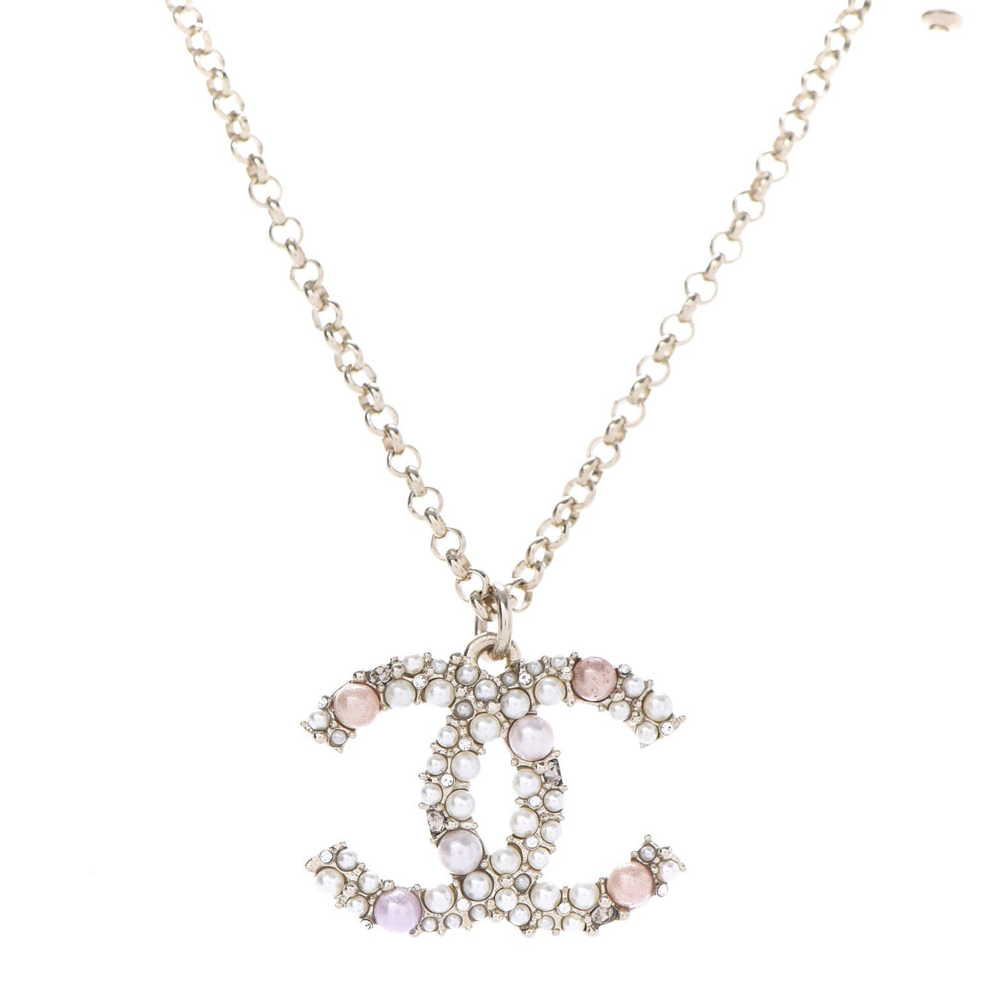 Crystal Pearl CC Pendant Necklace Gold Pink