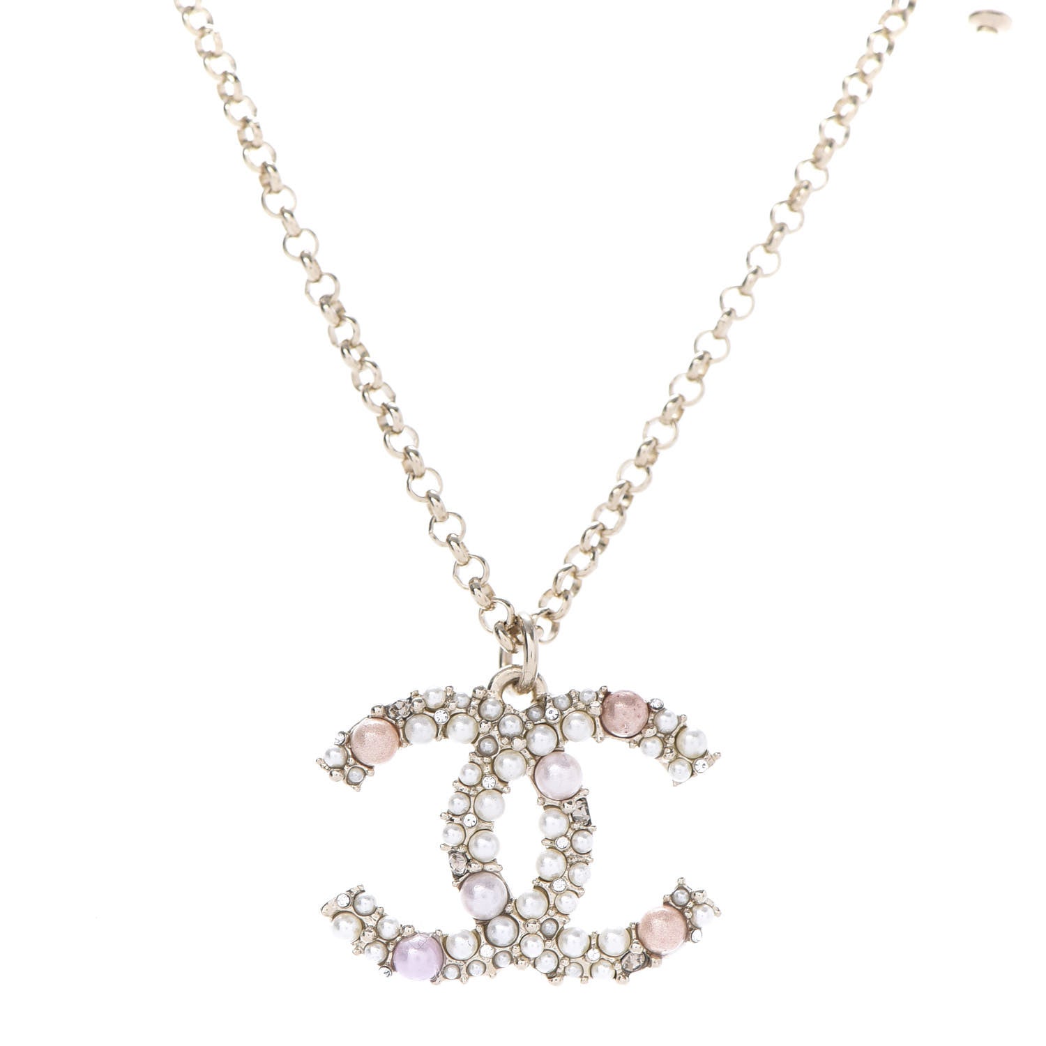 Chanel Crystal Pearl CC Pendant Necklace Gold Pink 4 of 7