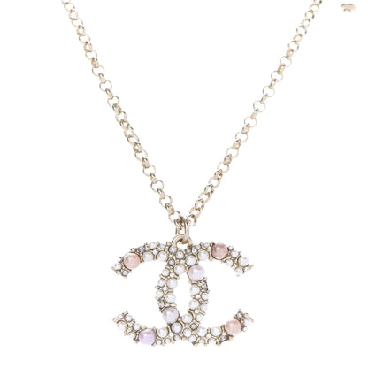Chanel Crystal Pearl CC Pendant Necklace Gold Pink 4 of 7