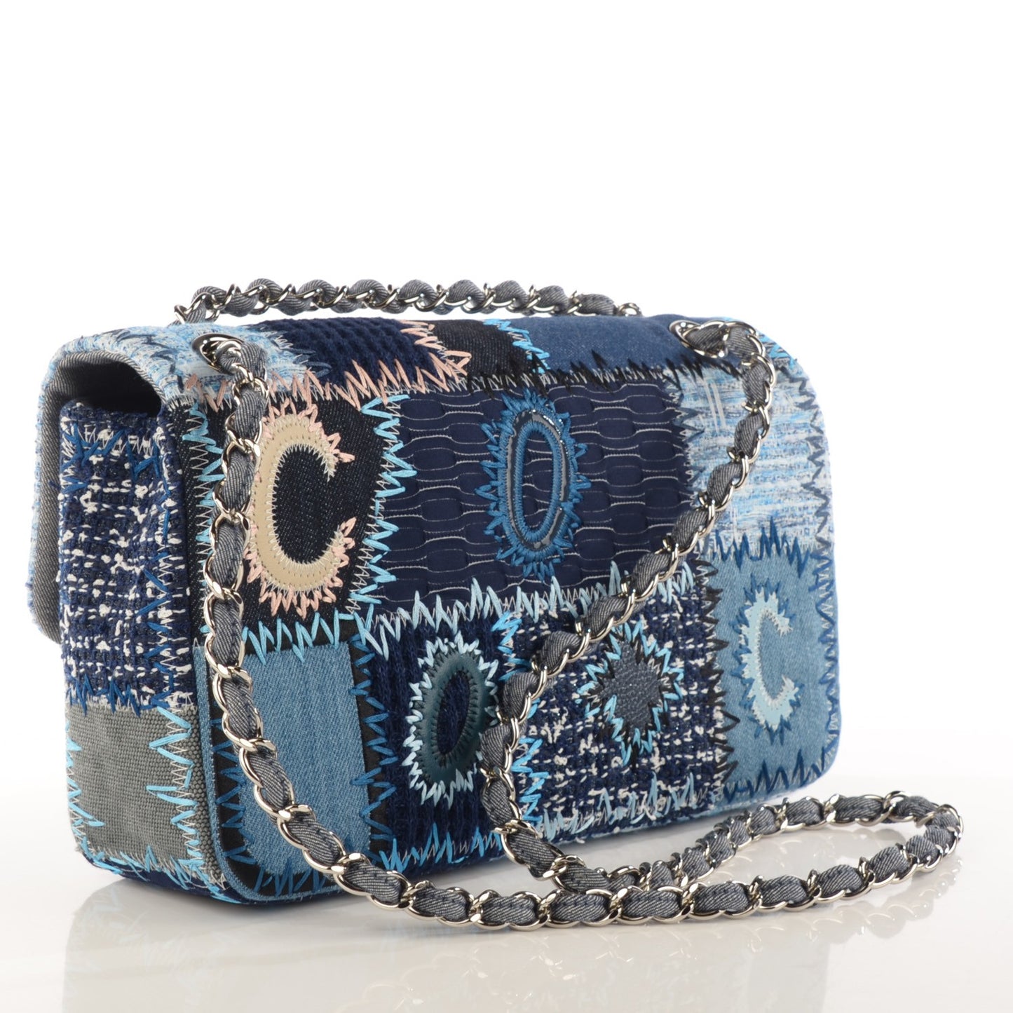 Denim Tweed Patchwork Medium Single Flap Blue