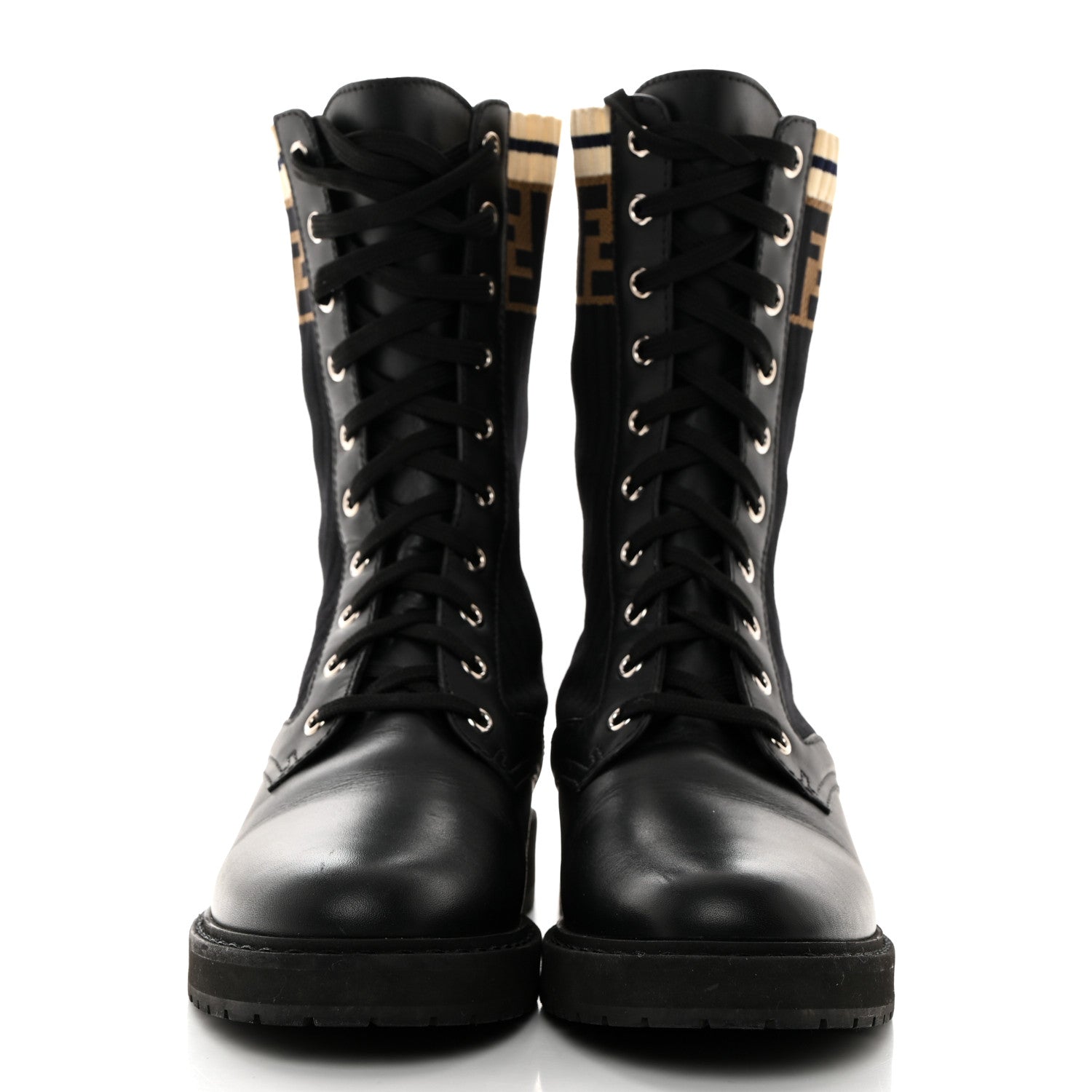 Fendi Calfskin Stretch Fabric Rockoko Biker Boots 38 Tobacco Black Marino 2 of 8