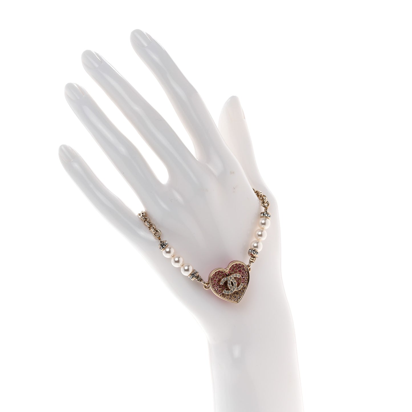 Resin Crystal Pearl Chain Heart CC Bracelet Pink White Gold