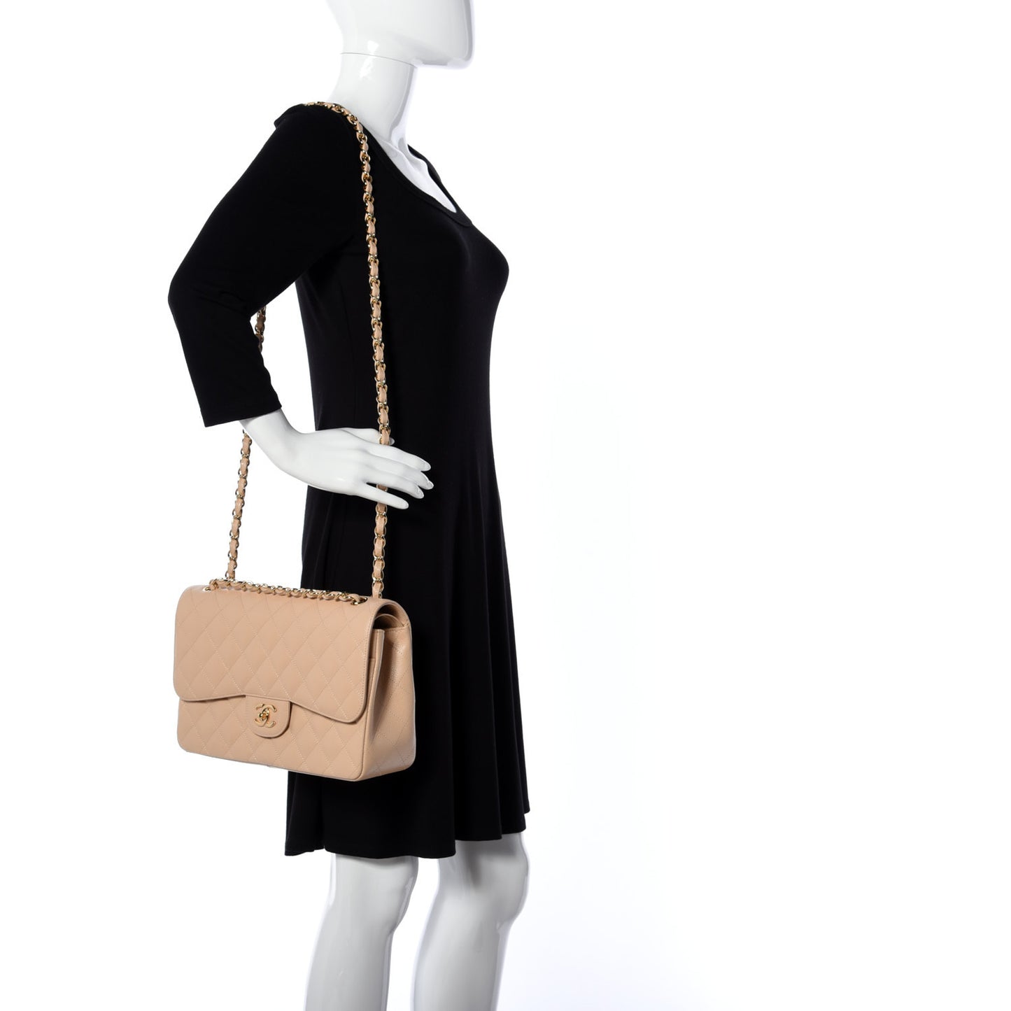 Caviar Quilted Jumbo Double Flap Light Beige