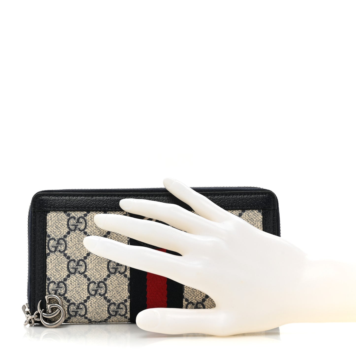 GG Supreme Monogram Textured Dollar Calfskin Web Ophidia Zip Around Wallet Beige Blue