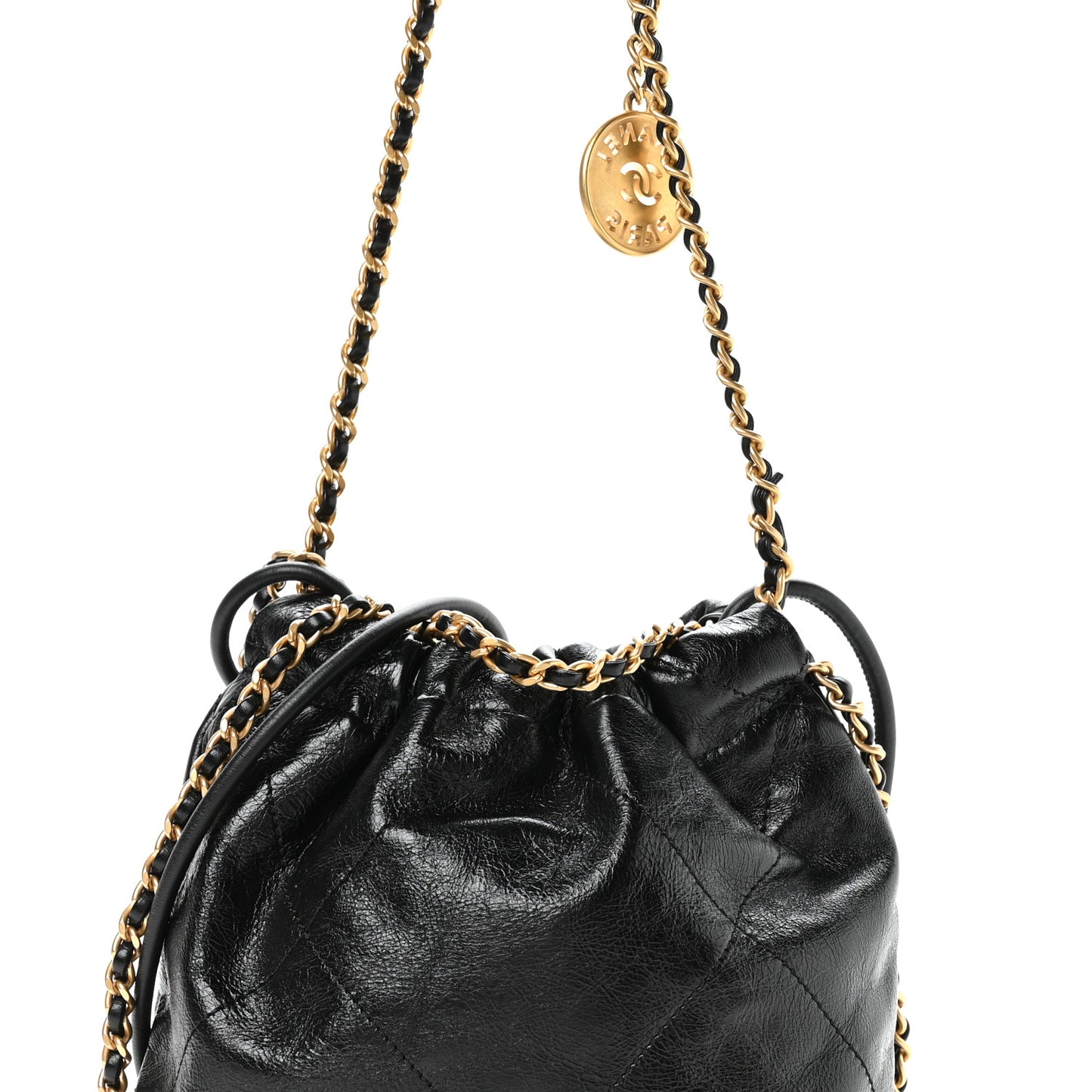 Shiny Crumpled Calfskin Quilted Pearl Mini Chanel 22 Black