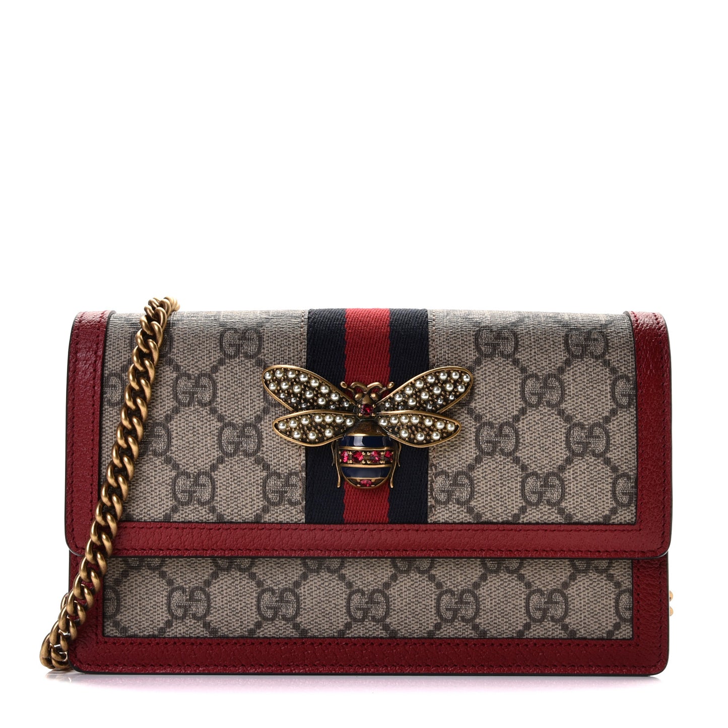 GG Supreme Monogram Web Queen Margaret Chain Wallet Red