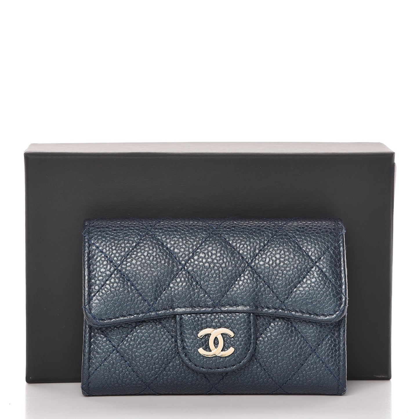 Metallic Caviar Quilted Flap Card Holder Dark Blue