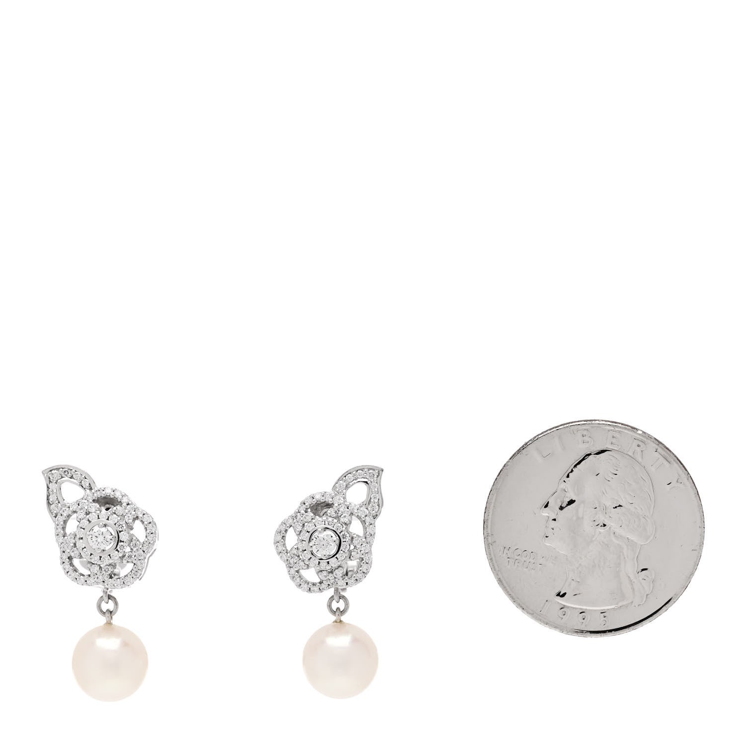 Chanel 18K White Gold Diamond Pearl Camelia Drop Earrings 2 of 4