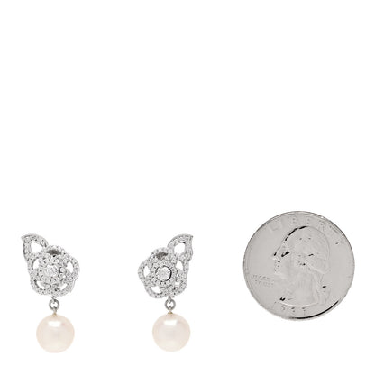 Chanel 18K White Gold Diamond Pearl Camelia Drop Earrings 2 of 4