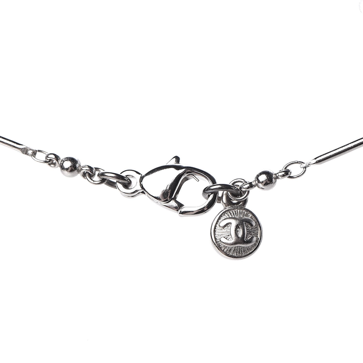 Chanel Crystal Pearl CC Beaded Long Necklace Silver 5 of 7