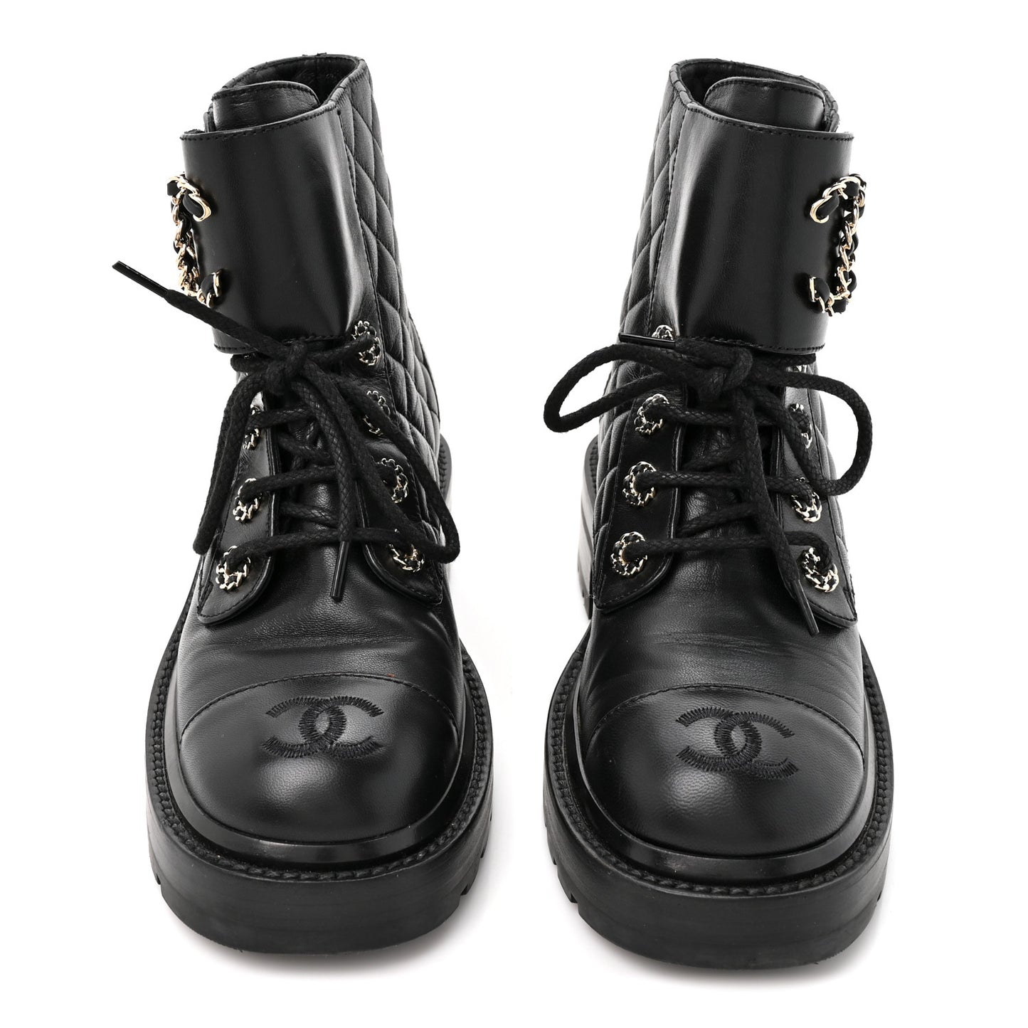 Shiny Goatskin Calfskin Quilted Lace Up Combat Boots 35.5 Black