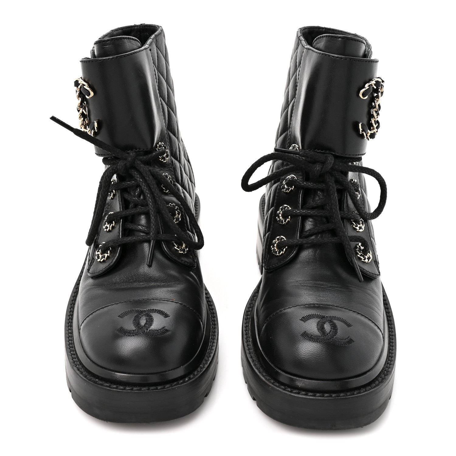 Chanel Shiny Goatskin Calfskin Quilted Lace Up Combat Boots 35.5 Black 2 of 8