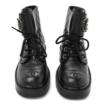 Chanel Shiny Goatskin Calfskin Quilted Lace Up Combat Boots 35.5 Black 2 of 8