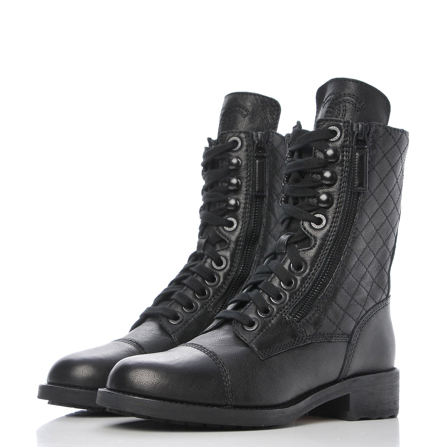 Sheepskin Quilted CC Tall Lace Up Combat Boots 35.5 Black