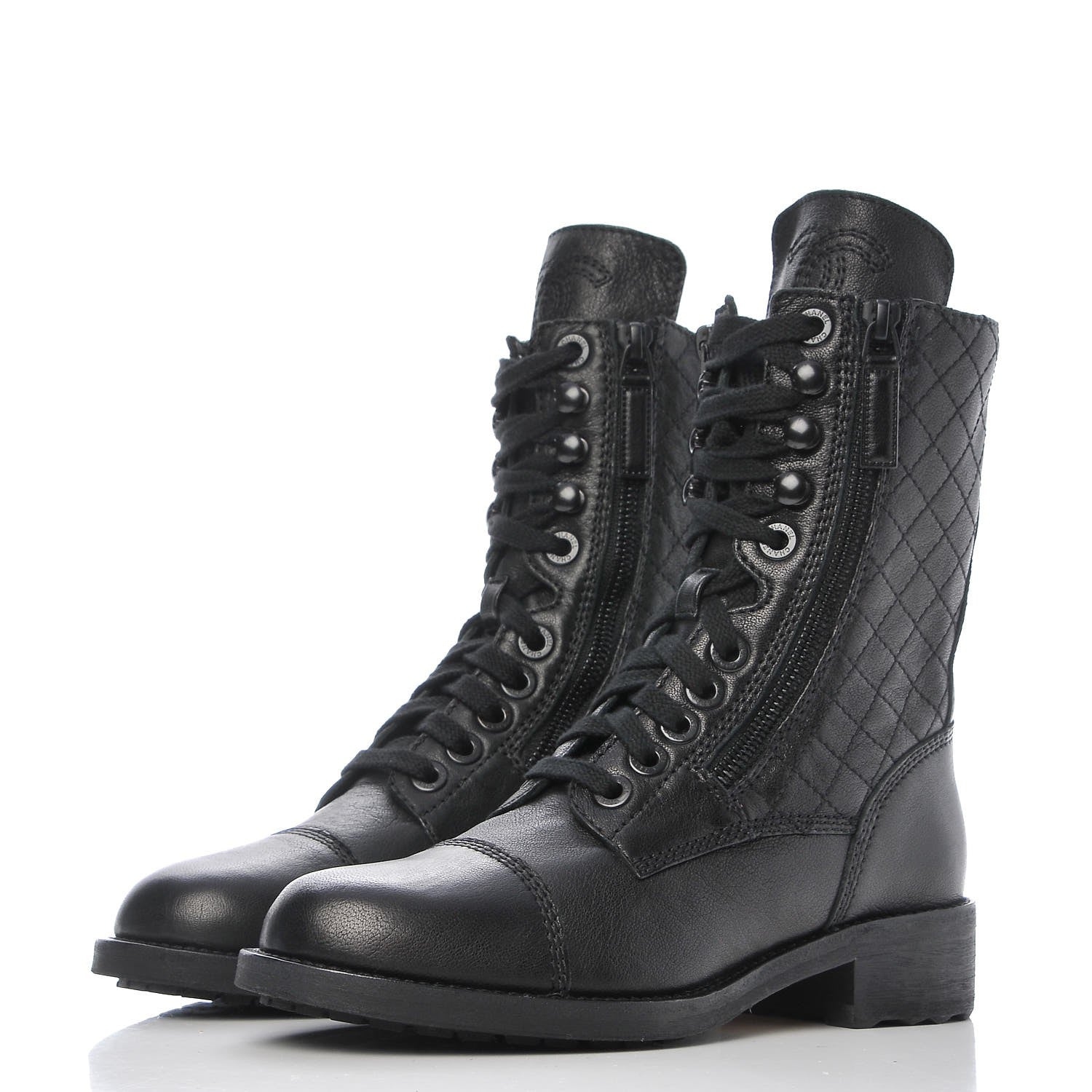 Chanel Sheepskin Quilted CC Tall Lace Up Combat Boots 35.5 Black 3 of 9