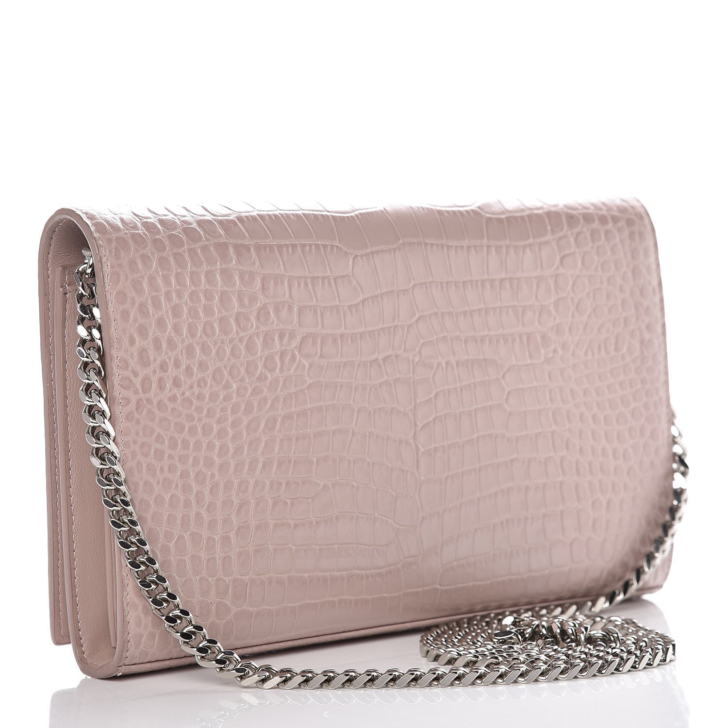 Saint Laurent Calfskin Crocodile Embossed Monogram Chain Wallet Rose Antic 3 of 9