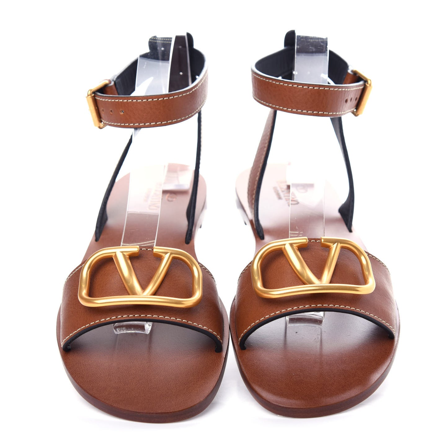 Grainy Cowhide Vlogo Ankle Strap Flat Sandals 40 Cuoio
