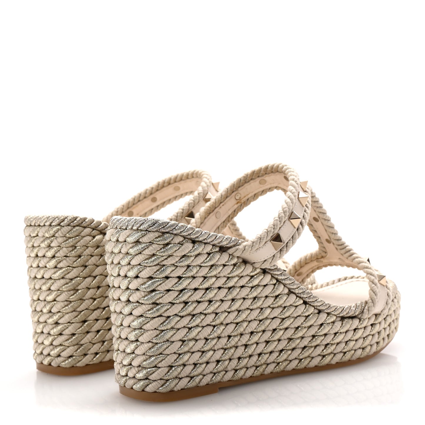 Calfskin Rockstud Torchon Espadrille Caged 25/95mm Wedge Sandals 38 Light Ivory