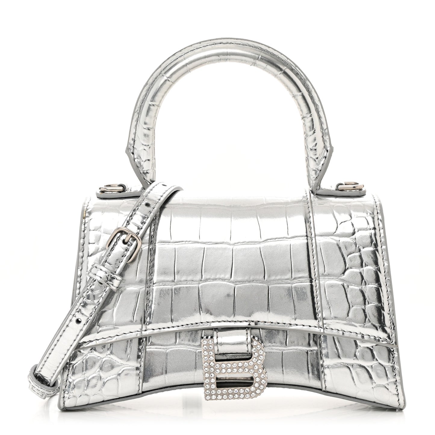 Metallic Calfskin Crocodile Embossed Crystal Hourglass Top Handle Bag XS Silver