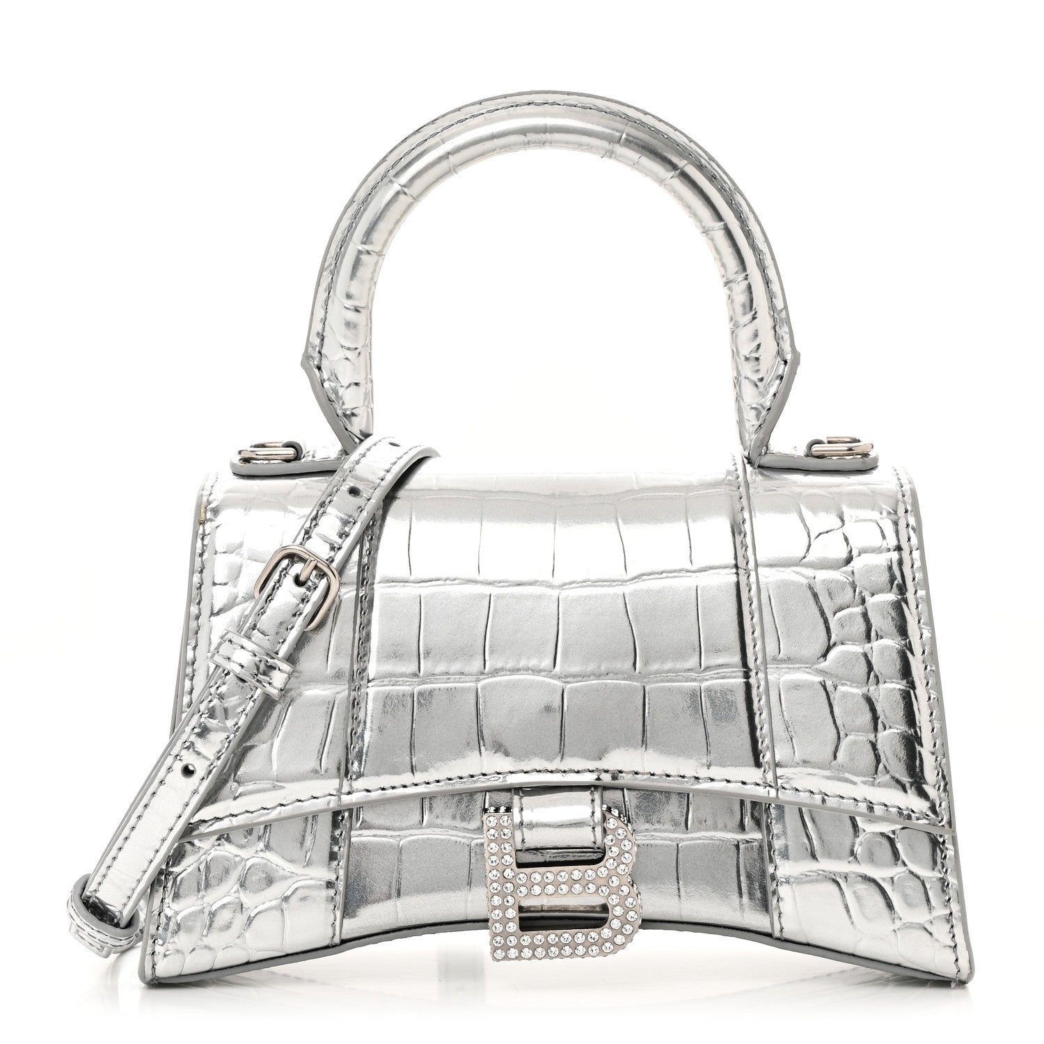 Balenciaga Metallic Calfskin Crocodile Embossed Crystal Hourglass Top Handle Bag XS Silver 1 of 11