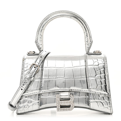 Balenciaga Metallic Calfskin Crocodile Embossed Crystal Hourglass Top Handle Bag XS Silver 1 of 11