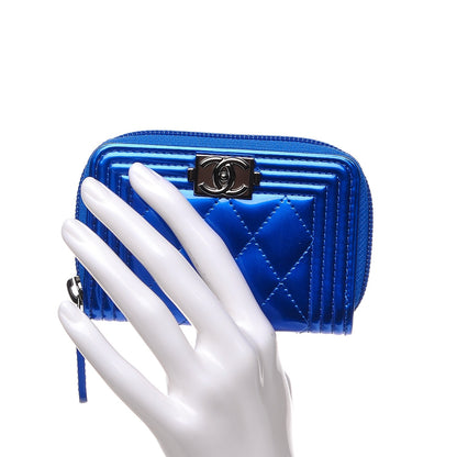 Chanel Metallic Patent Quilted Zip Around Boy Coin Purse Wallet Blue 2 of 8