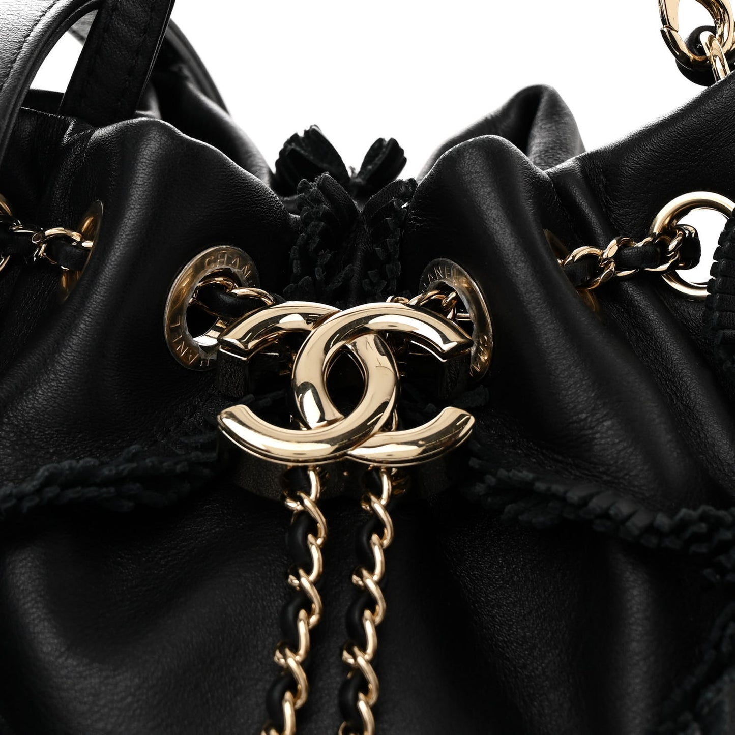 Lambskin Quilted Fringe CC Chain Bucket Drawstring Bag Black