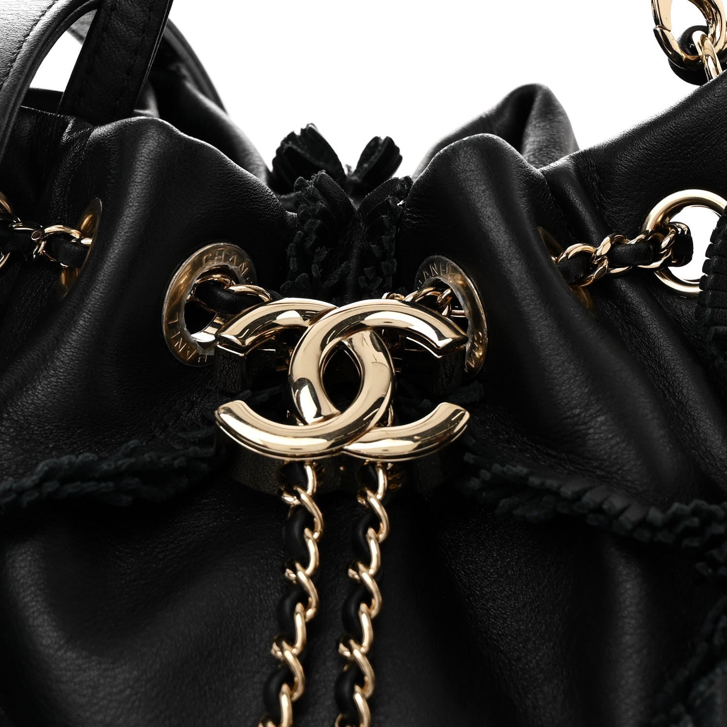 Chanel Lambskin Quilted Fringe CC Chain Bucket Drawstring Bag Black 8 of 11