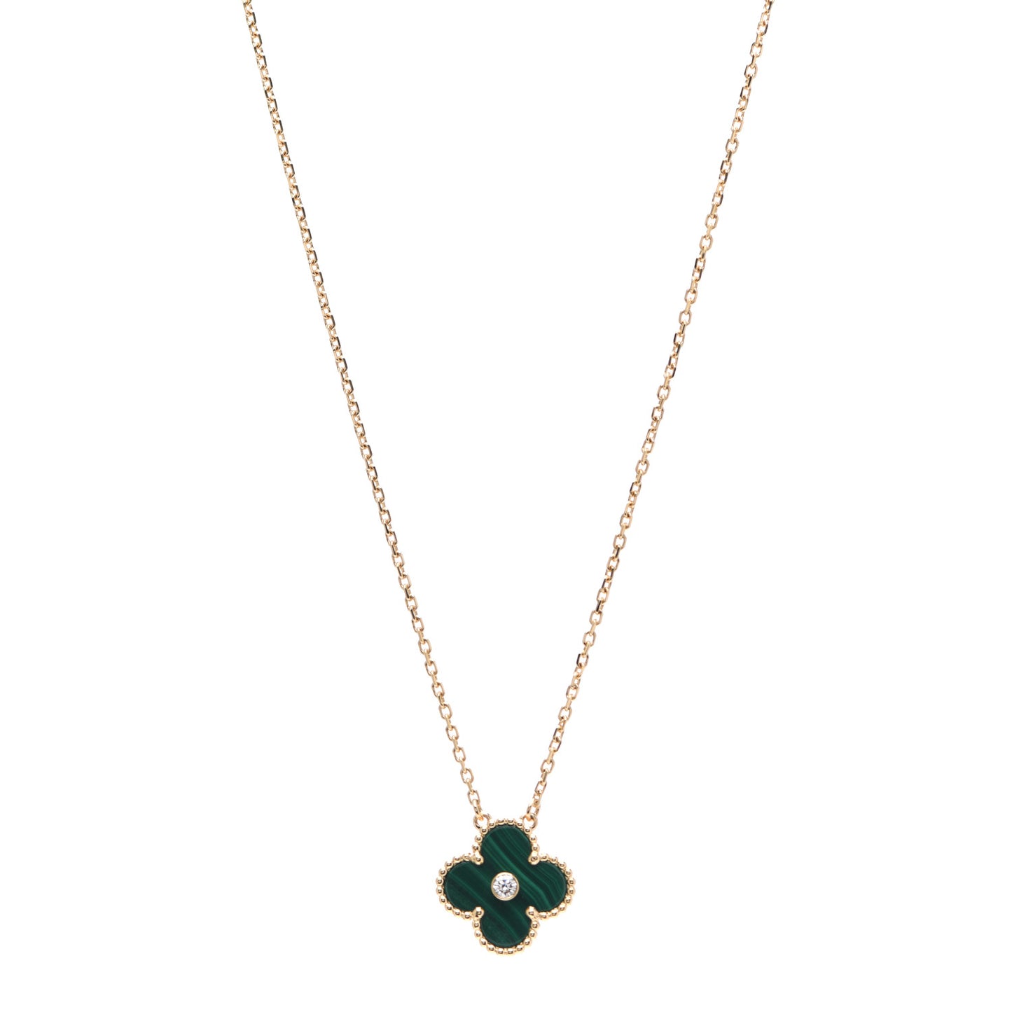 18K Yellow Gold Diamond Malachite Vintage Alhambra Pendant Necklace