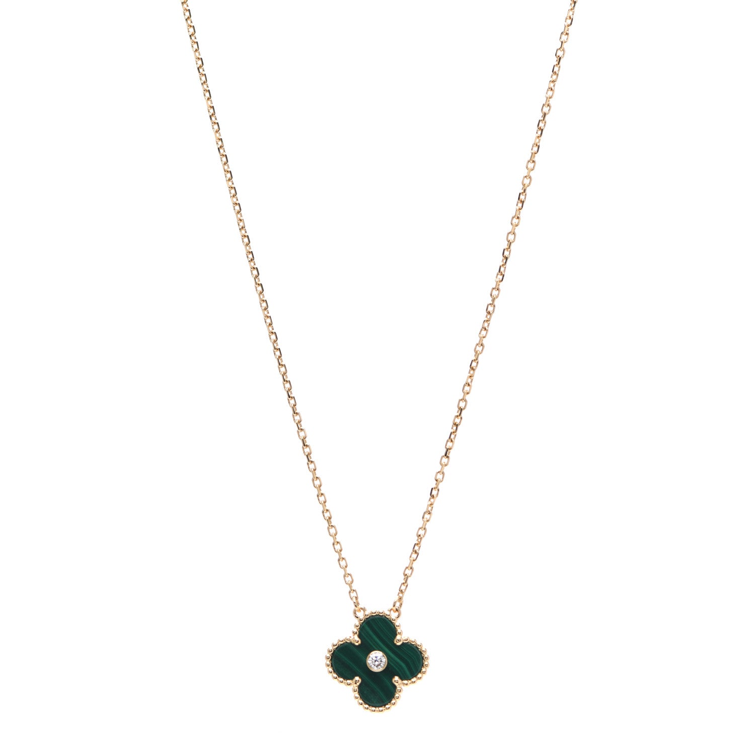 Van Cleef & Arpels 18K Yellow Gold Diamond Malachite Vintage Alhambra Pendant Necklace 1 of 6