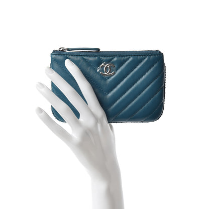 Chanel Lambskin Chevron Quilted Studded Small Cosmetic Case Blue 2 of 8