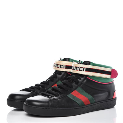 Gucci Calfskin Ayers Web Mens New Ace Stripe High Top Sneakers 7 Black 3 of 10