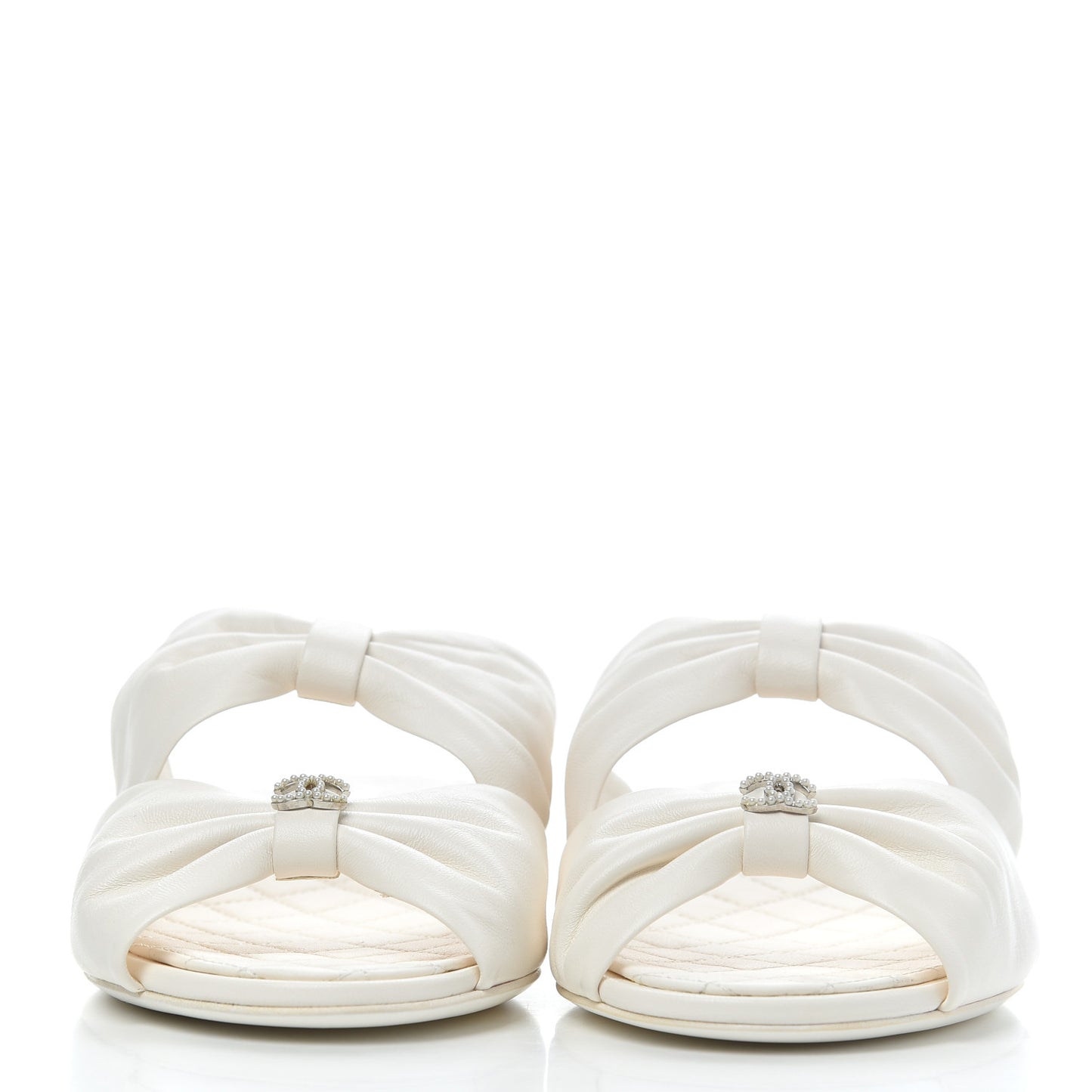 Lambskin Pearl Bow CC Flat Sandals 38 White