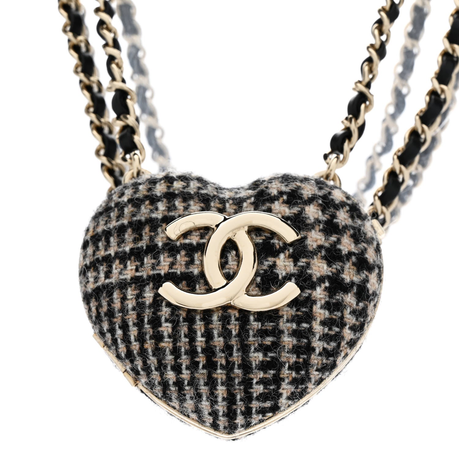 Chanel Tweed Lambskin CC Heart Locket Necklace Gold Black Beige 4 of 7