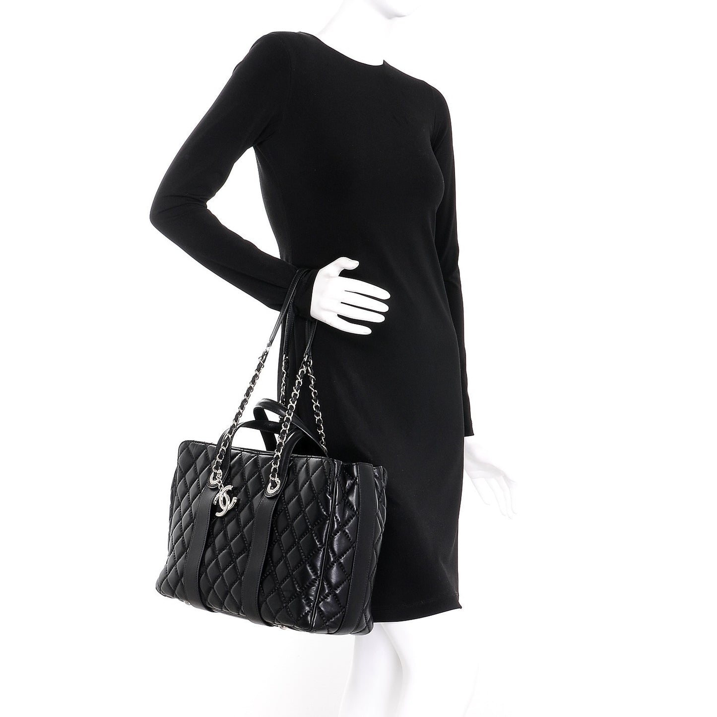 Lambskin Quilted Large Easy Carry Shopping Tote Black
